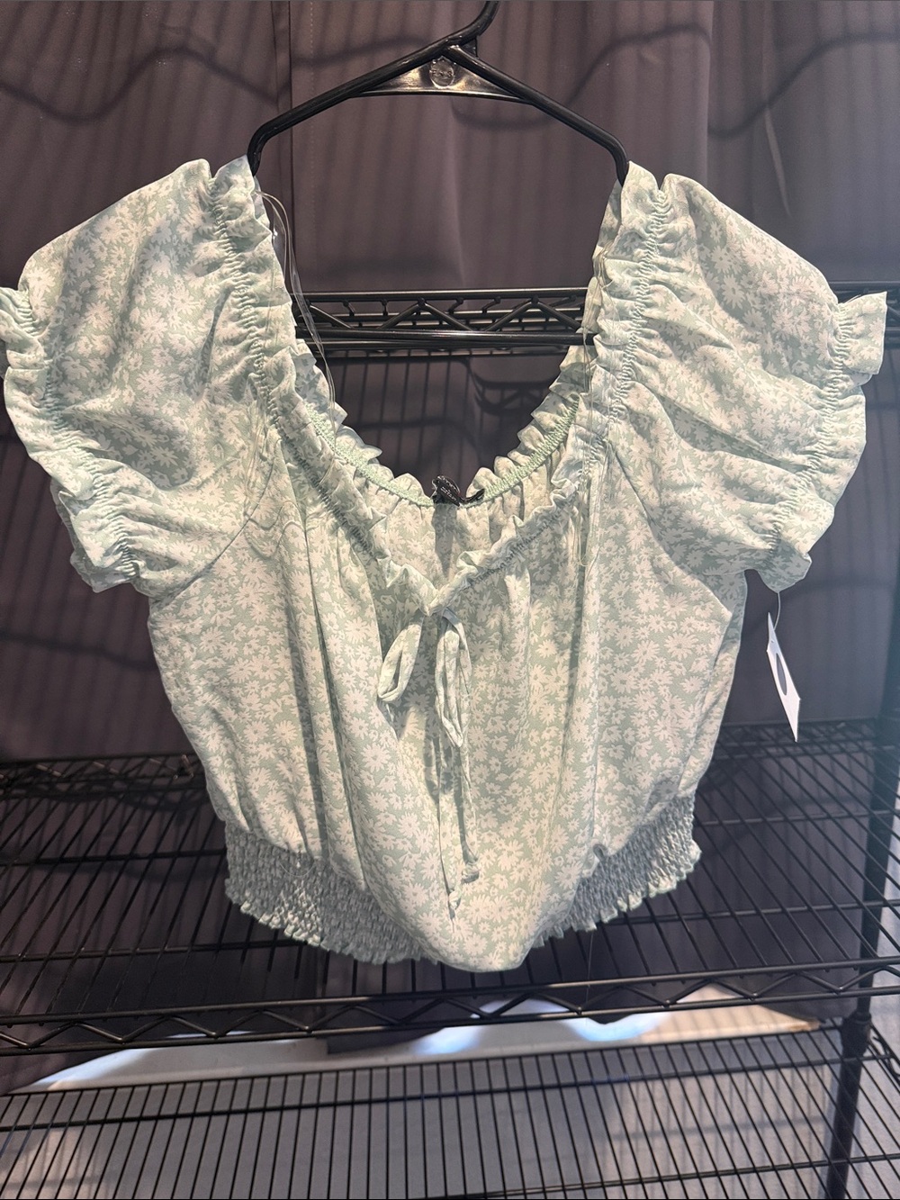 Light Mint Floral Tie-Front Puff Sleeve Crop Top
